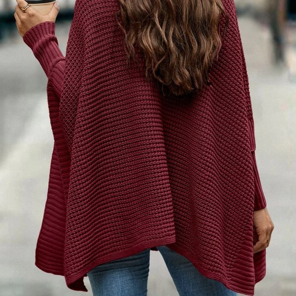 Red Preppy Womens Turtleneck Batwing Sleeve Poncho - Picture 2 of 5